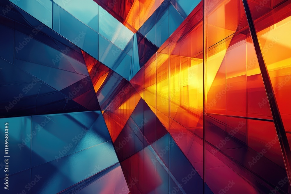 Aufkleber abstract architectural design with vibrant blue and orange glass panels creating a dynamic geometric