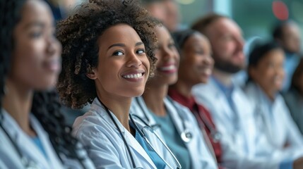 Fototapeta premium Medical professionals attending a conference, showcasing a diverse group of doctors in white coats, engaged in collaborative learning and networking