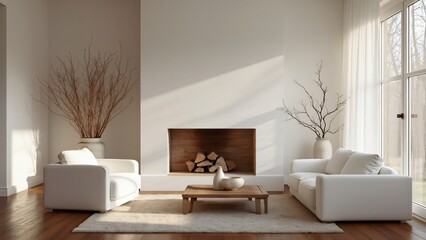 Minimalist Living Room Interior Design with White Sofa and Fireplace