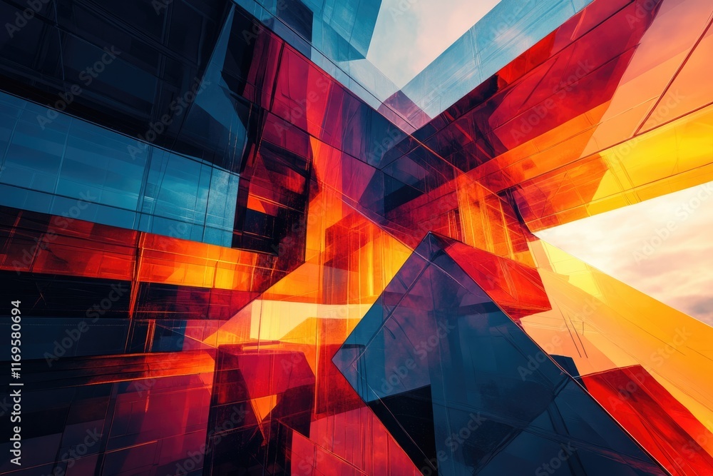 Poster abstract architectural rendering showcasing vibrant, intersecting glass structures in red, orange, a
