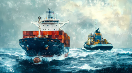 Fototapeta premium Logistics and transportation of international container cargo ship with tugboat in the ocean, freight transportation, shipping. Seafarer. Illustration