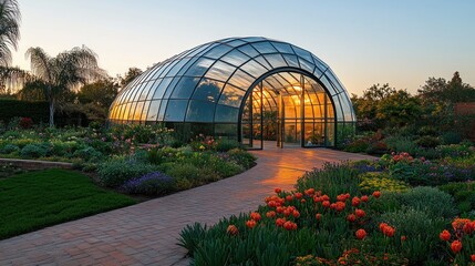 A modern glass greenhouse surrounded by vibrant flowers at sunset.