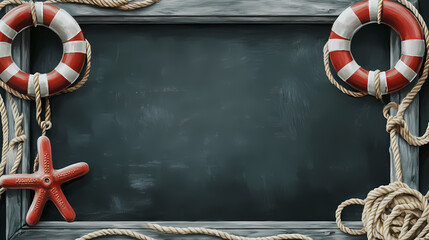 Maritime chalkboard decor, maritime objects like ropes and lifebuoys on chalkboard, day of the seafarer theme with space for text. Seafarer. Illustration
