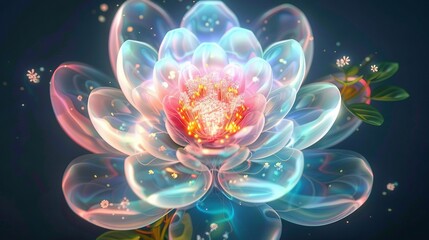 Obraz premium A digital painting of a pink flower on a blue background, featuring leaves and flowers below