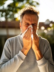 A man outdoors experiencing seasonal allergies or a cold, sneezing into a tissue. 