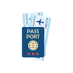 Passport with two boarding passes inside. Airplane tickets in cartoon stylisation. Travel and tourism vector concept in flat style