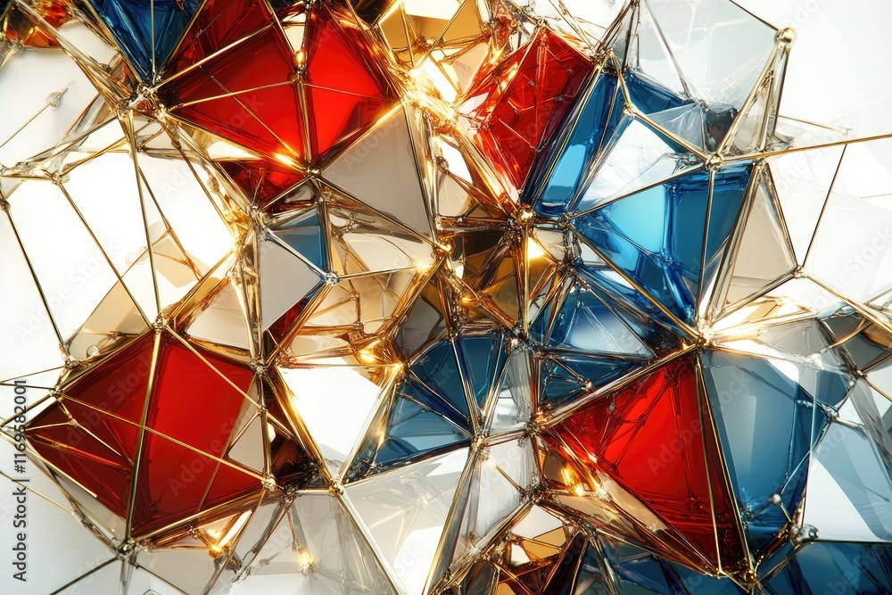 Poster abstract 3d rendering of interconnected,faceted glass structures in red, blue, and gold.