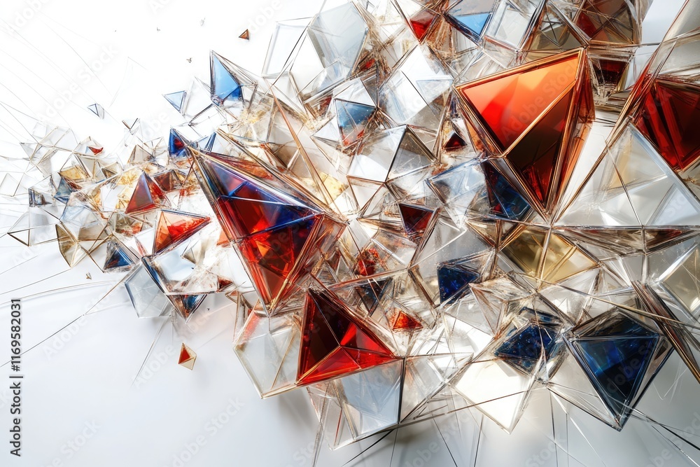 Aufkleber abstract 3d rendering of multifaceted glass pyramids in red, blue, and gold, creating a dynamic, cha