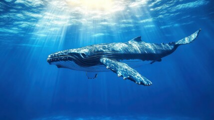 Fototapeta premium Majestic Whale Swims in Dramatic Underwater Light