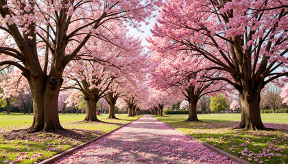 Cherry blossom trees lining a peaceful park pathway