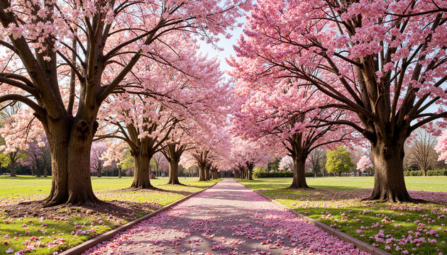 Cherry blossom trees lining a peaceful park pathway