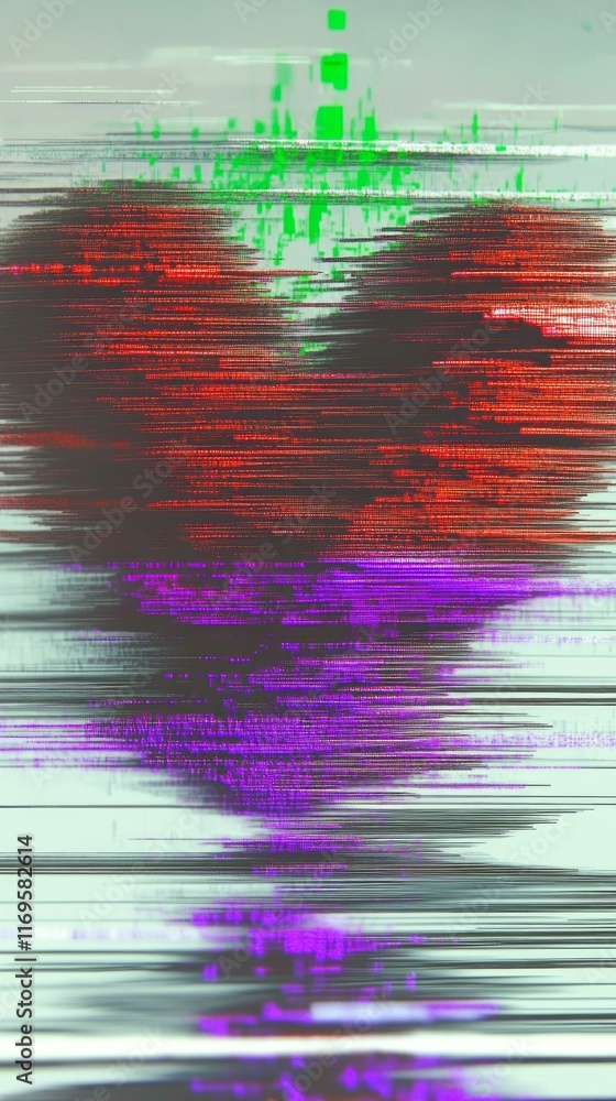 Poster heart-shaped glitch effect with vibrant digital stripes creating a unique visual experience in a dig