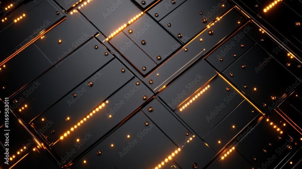 Poster geometric pattern of black rectangular panels with rows of glowing yellow dots, creating a futuristi