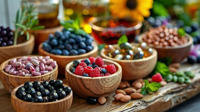 Colorful assortment of herbal supplements and fresh fruits arranged in wooden bowls on a rustic table. The scene captures the essence of health and wellness with various nutrients and botanicals.