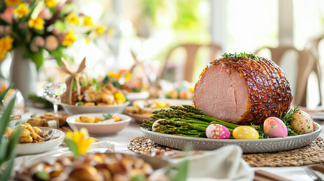 Easter Dinner Table with Ham and Spring Decor