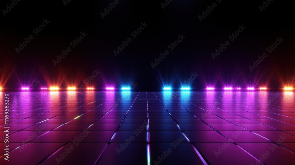Poster dark, futuristic scene with a reflective tiled floor illuminated by a row of colorful neon lights ca