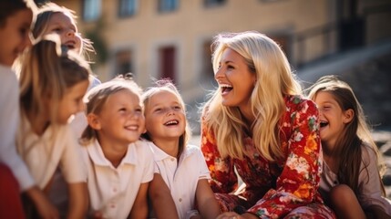 Joyful Teacher Engaging with Happy Children Outdoors. Generative ai