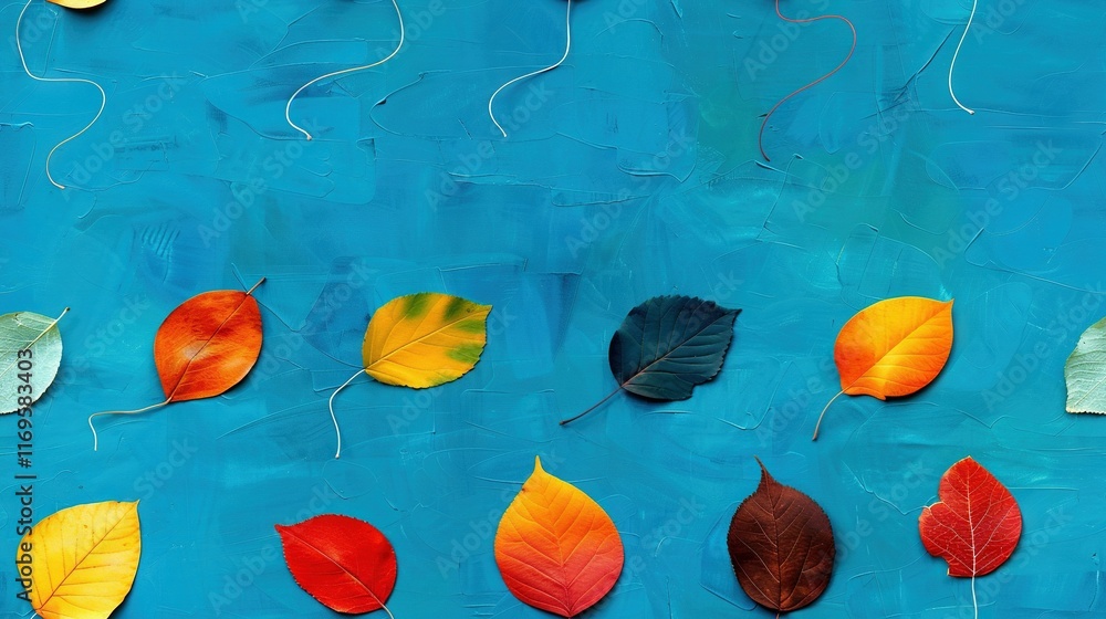 Poster a cluster of leaves resting on a azure background alongside a row of strings tied together