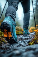 Hiking Adventure: Close-Up of Trekking Boots on a Rocky Forest Trail