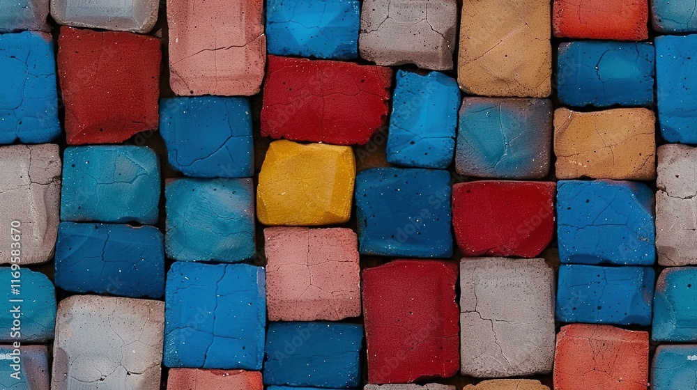 Poster a close-up of a multicolored wall, featuring a yellow block centered on the left side and another ye