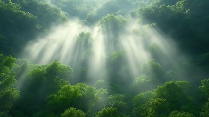 Obraz premium Sunbeams piercing misty forest canopy.