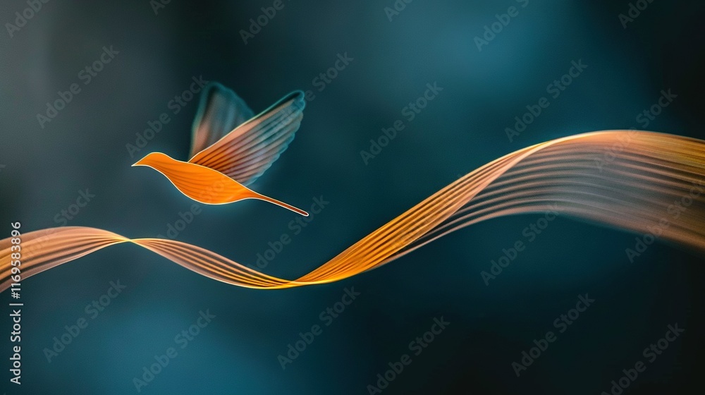 Poster a sharp image of a bird soaring, with an orange ribbon in the foreground and a softly blurred backgr