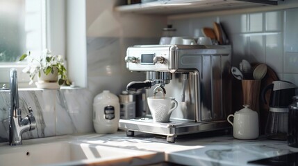 Espresso Machine Brewing Fresh Coffee in a Sunny Kitchen. Generative ai