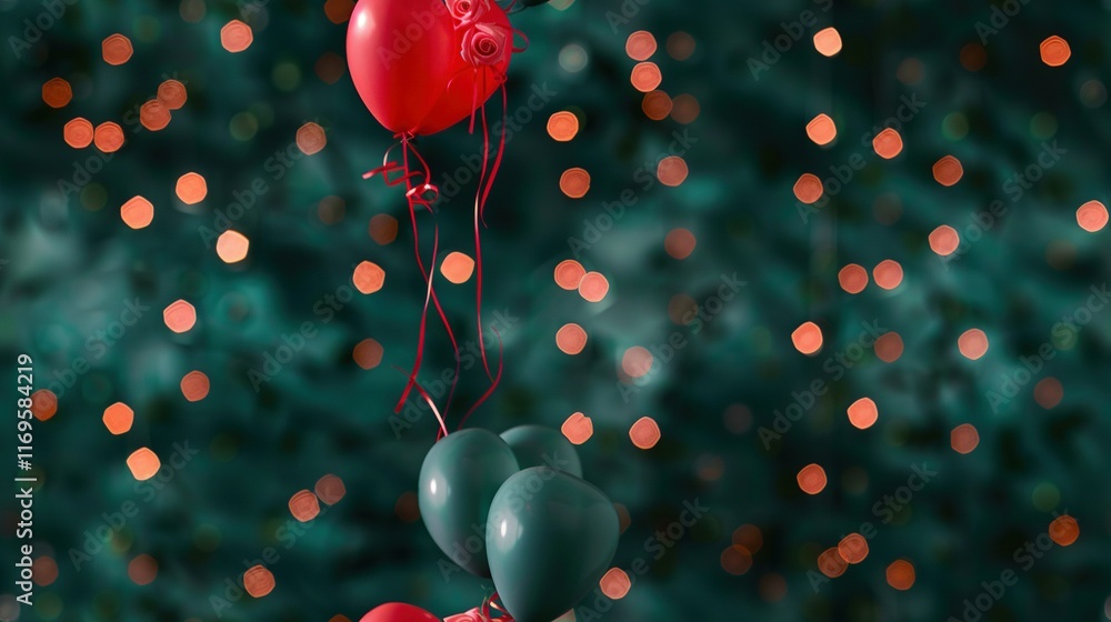 Poster red and green balloons dangling on a string in front of a christmas tree with lights illuminating th