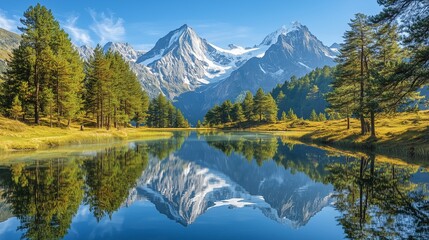 Fototapeta premium A tranquil mountain lake surrounded by pine trees, the mirror-like water perfectly reflecting the snow-capped peaks in the background under a clear blue sky.