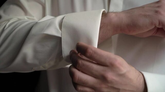 A detailed closeup of a hand skillfully fastening a cufflink on a pristine white formal shirt, showcasing elegance