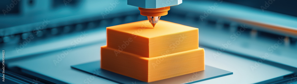 Poster close up view of 3d printer creating orange object