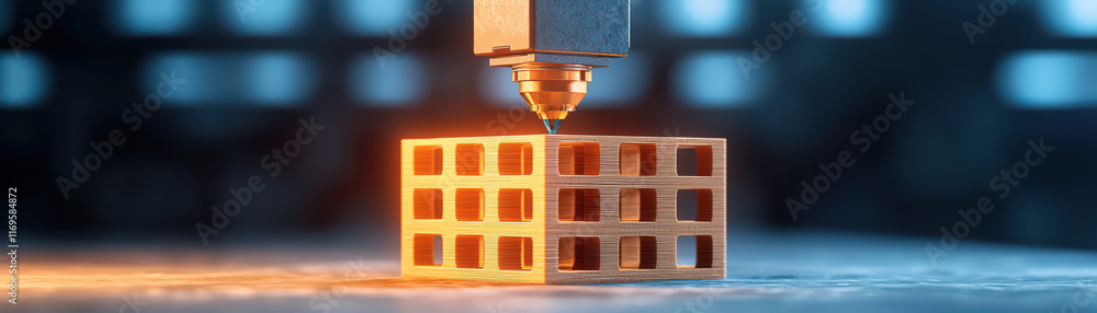 Poster close up view of 3d printer creating wooden object