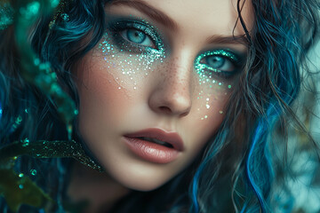 Naklejka premium a dark mermaid aesthetic, featuring a woman in a wavy wet hairstyle with subtle glitter strands