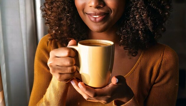 mulher segurando caneca de caf&eacute; pela manh&atilde;, bom dia - Generated image