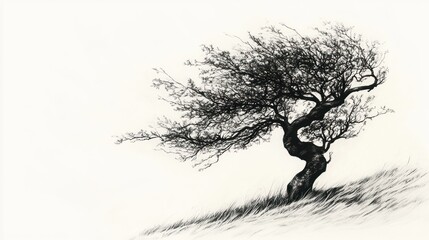 Windswept Tree on a Gentle Hillside