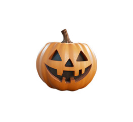 3D illustration of a smiling jack o lantern pumpkin with a brown stem, perfect for Halloween-themed decorations or designs. Isolated on transparent background, png.