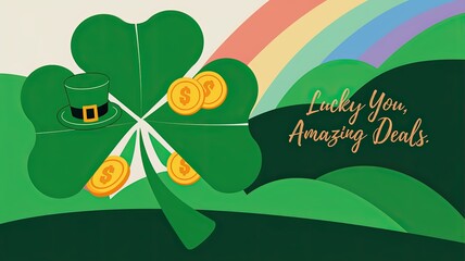 Lucky you, amazing deals with a green shamrock and coins