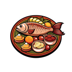 Detailed vector illustration of a traditional Chinese New Year dish with a whole fish, oranges, and other auspicious foods on a plate.