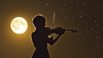 Fototapeta premium Moonlit Melodies Played by a Violinist Under a Glowing Full Moon Surrounded by Twinkling Stars
