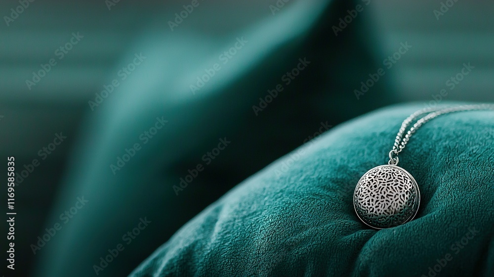 Poster a close-up of a green couch with a silver pendant dangling from the back, featuring a leopard print 