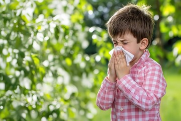 A young boy sneezing into a handkerchief while standing outdoors,surrounded by greenery, symbolizing allergies or seasonal illness.