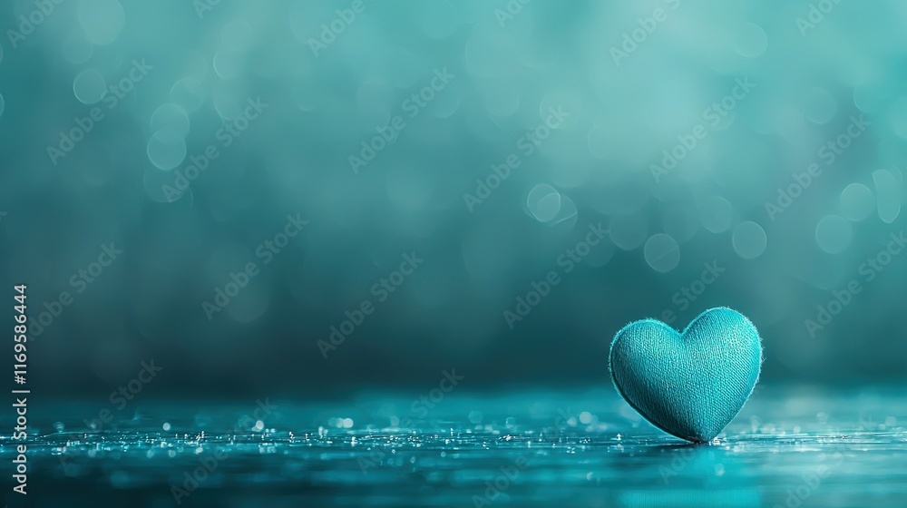 Poster a heart-shaped blue object sits atop a damp surface with water droplets surrounding it, and a hazy b
