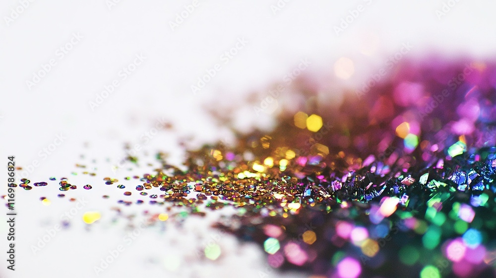 Poster a macro shot of colorful glitter particles on white canvas, with hazy depiction of glitter flakes in