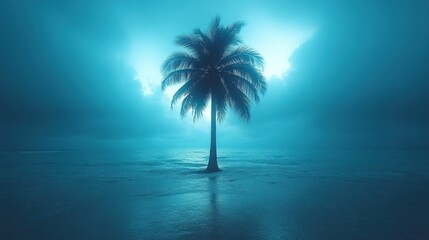 Obraz premium Solitary palm tree on misty beach at dawn.