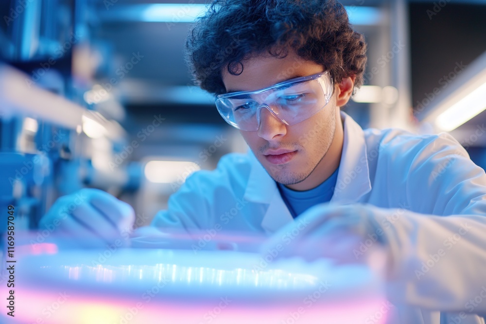 Aufkleber focused scientist analyzing sample in futuristic lab