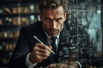Focused Businessman Strategizing in Office with Chalkboard Calculations