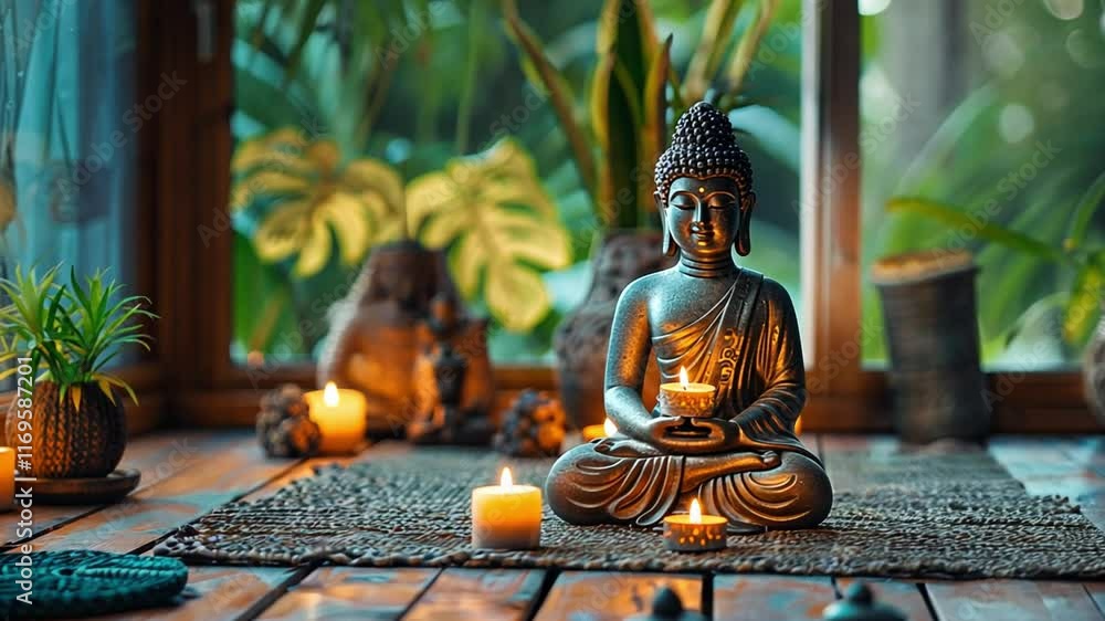 Poster this tranquil space features a buddha statue surrounded by flickering candles and lush green plants,