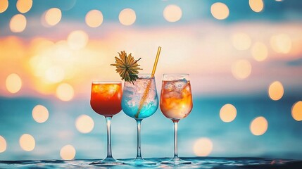   A pair of glasses holding drinks rests atop a table against a hazy backdrop © Olga