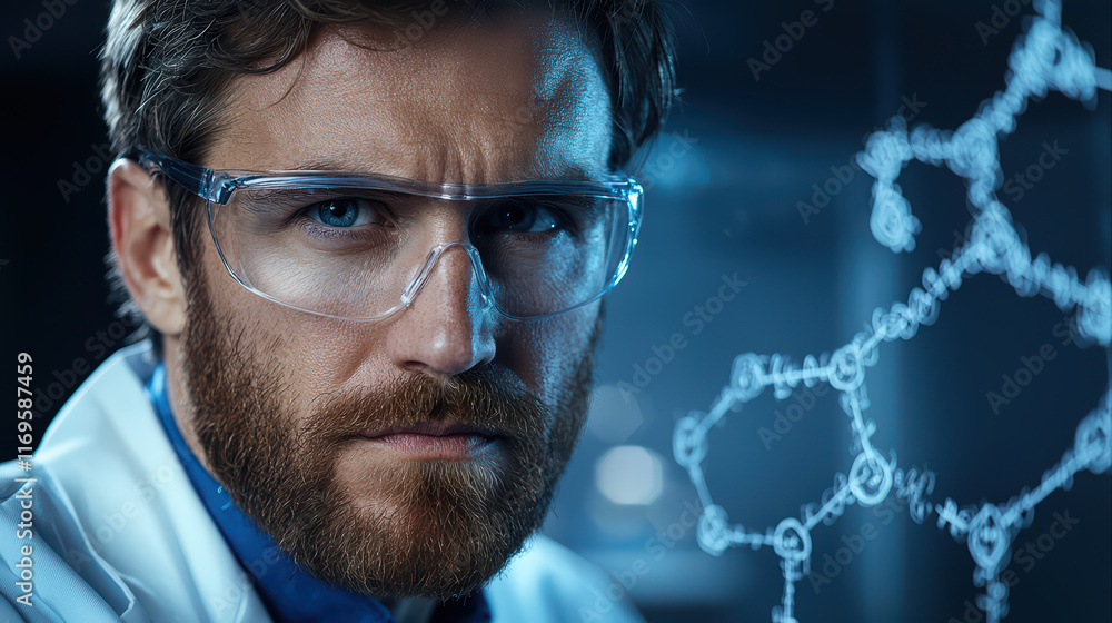 Poster close up of scientist analyzing molecular structures