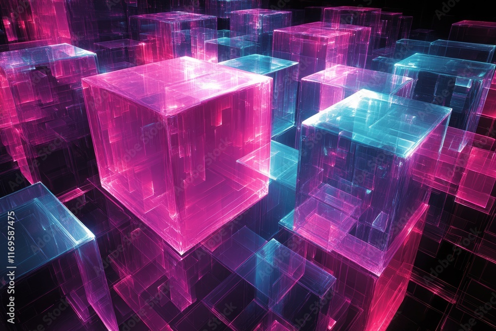 Aufkleber abstract 3d rendering of glowing pink and blue translucent cubes forming a complex network.
